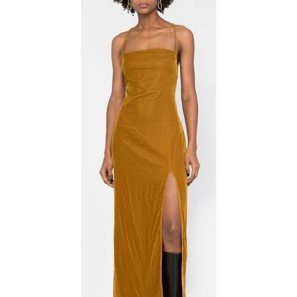 Staud Bellamy Velvet Dress in Yellow Gold NWOT Size XS - Picture 2 of 6